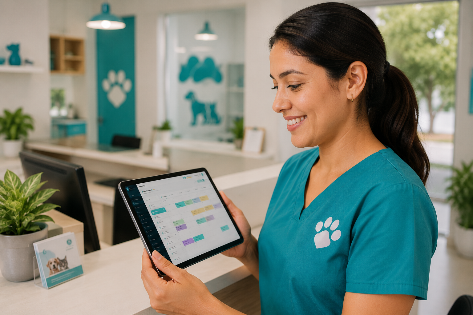Asistente veterinaria con tablet mostrando agenda digital de citas