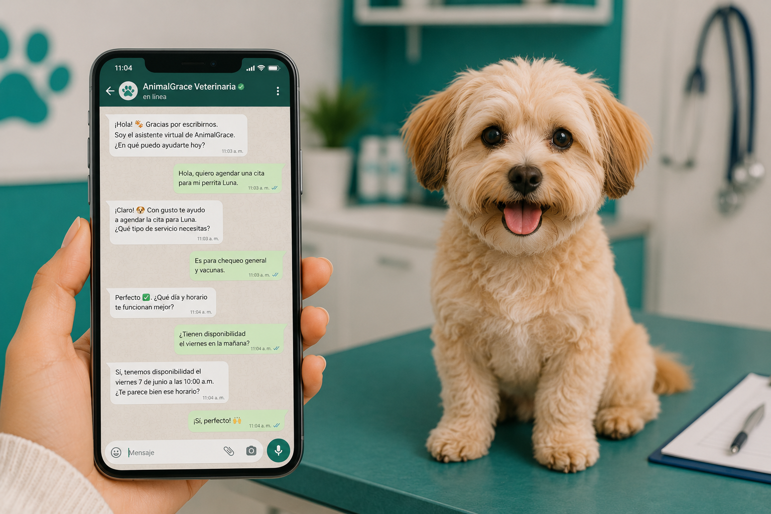 Conversación de WhatsApp con agente IA veterinaria junto a perro en camilla
