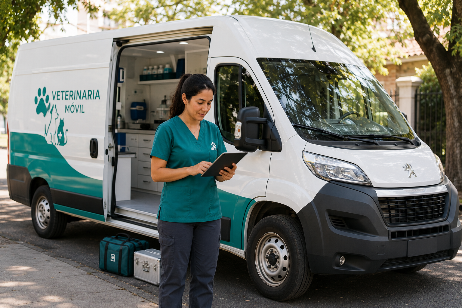 Veterinario con maletín médico frente a su van equipado para visitas veterinarias a domicilio