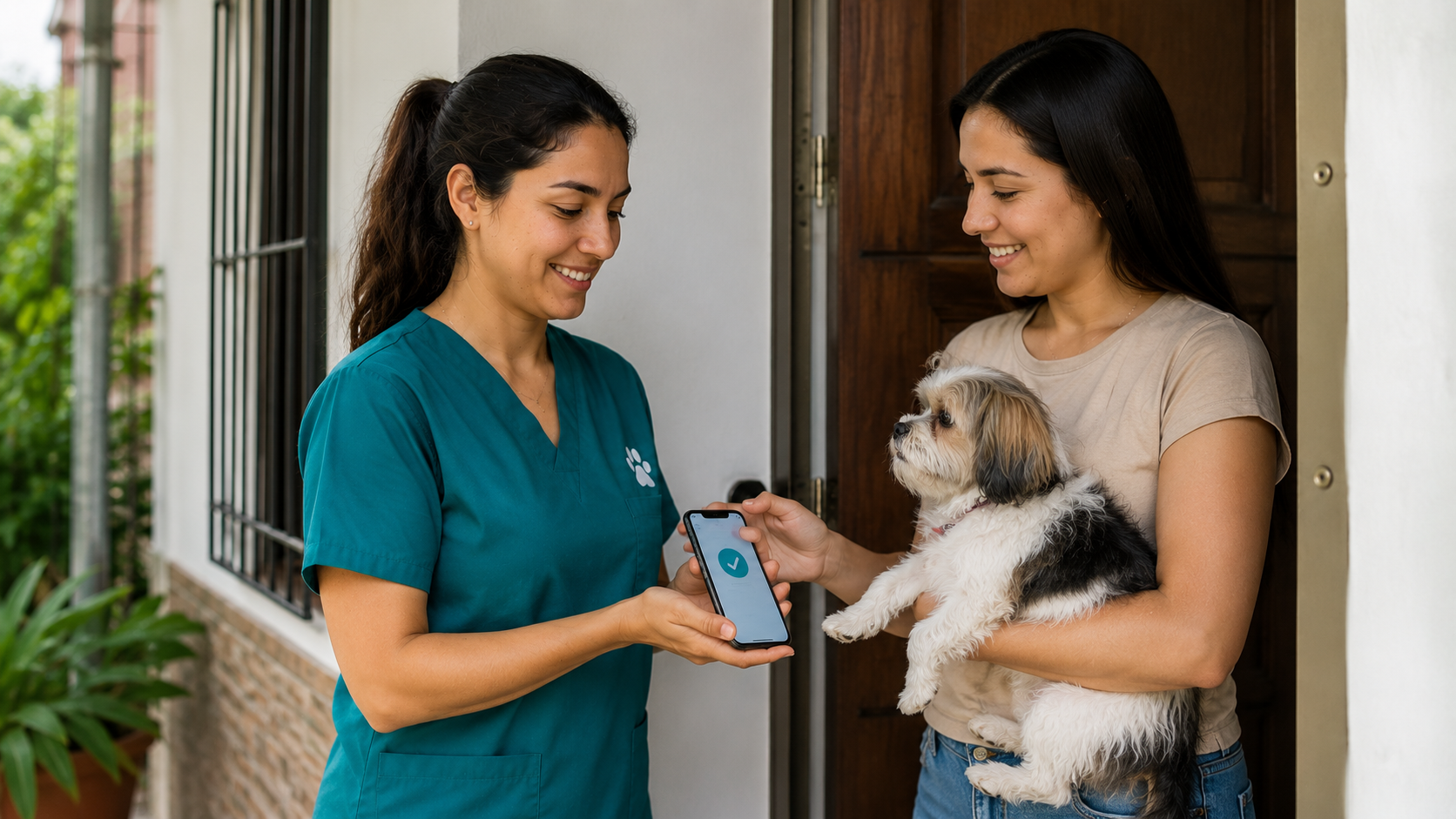 Veterinaria mostrando comprobante digital en su teléfono al tutor de una mascota