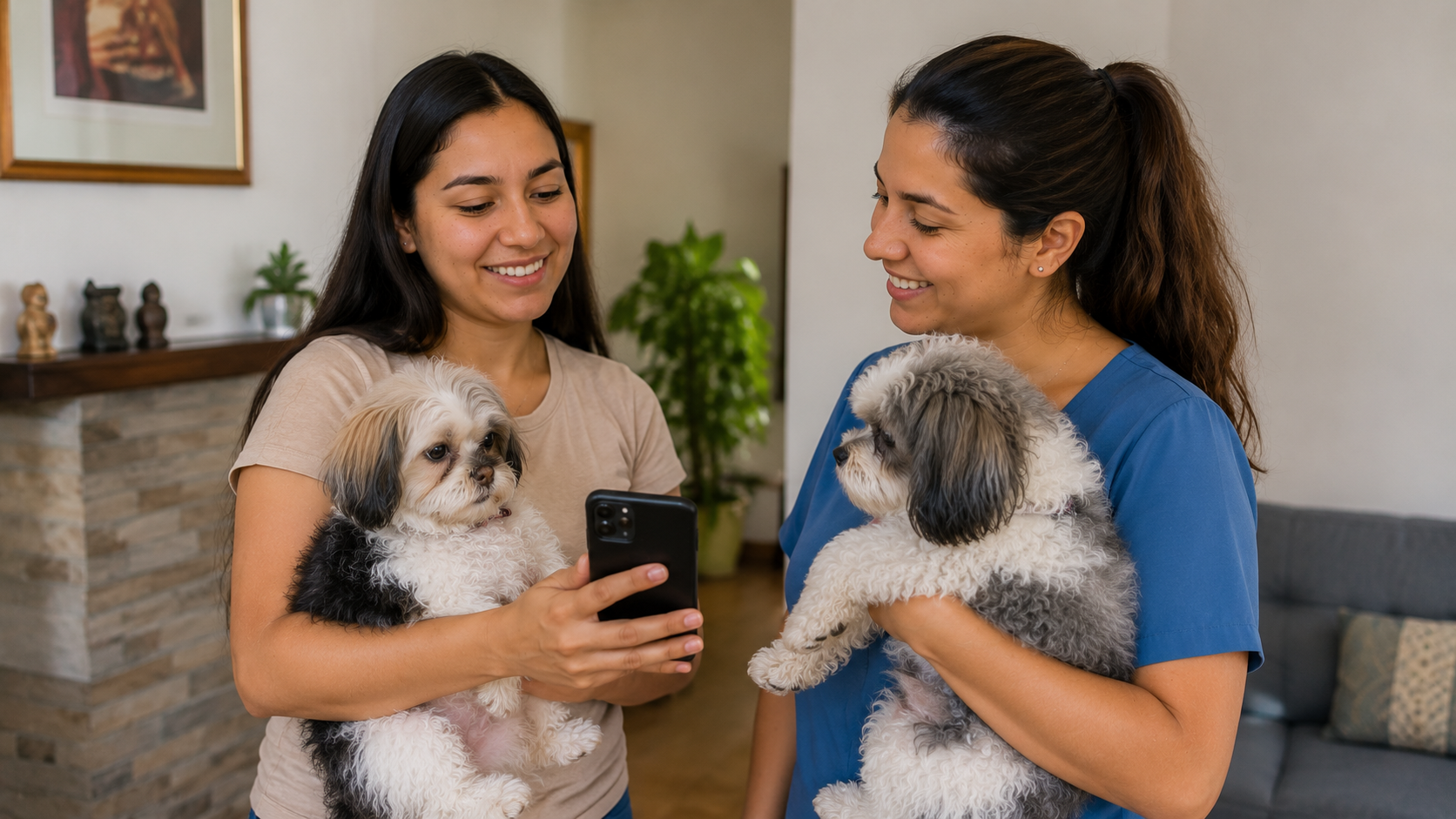 Dos tutoras de mascotas conversando y recomendándose una clínica veterinaria