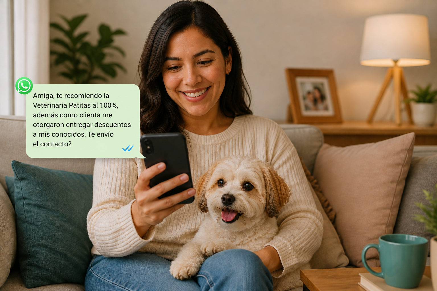Tutora recomendando su clínica veterinaria por WhatsApp con su perro