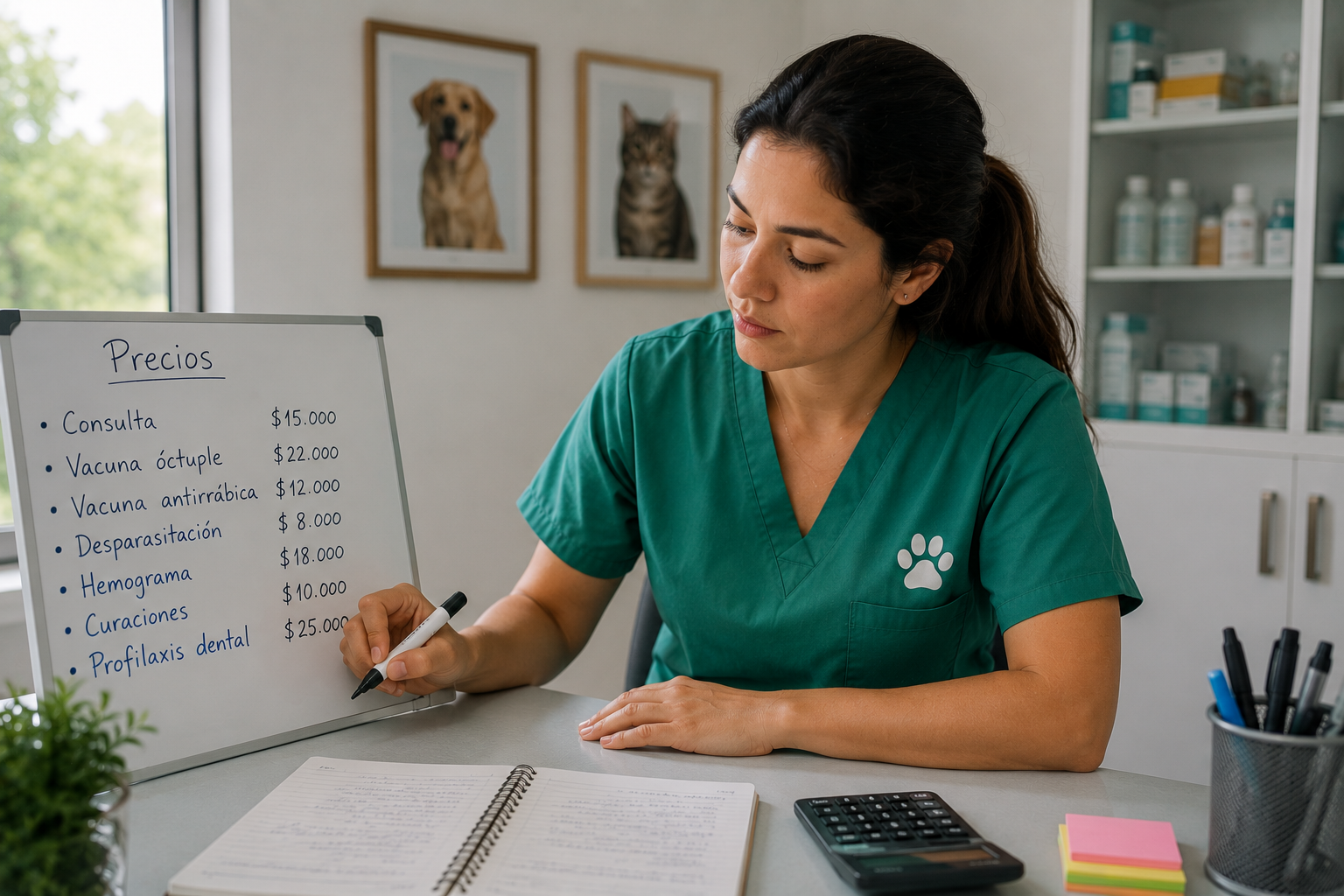 Veterinaria anotando precios de servicios en su clínica