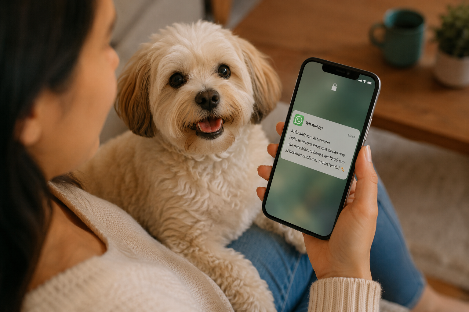 Tutora recibiendo recordatorio de cita veterinaria por WhatsApp