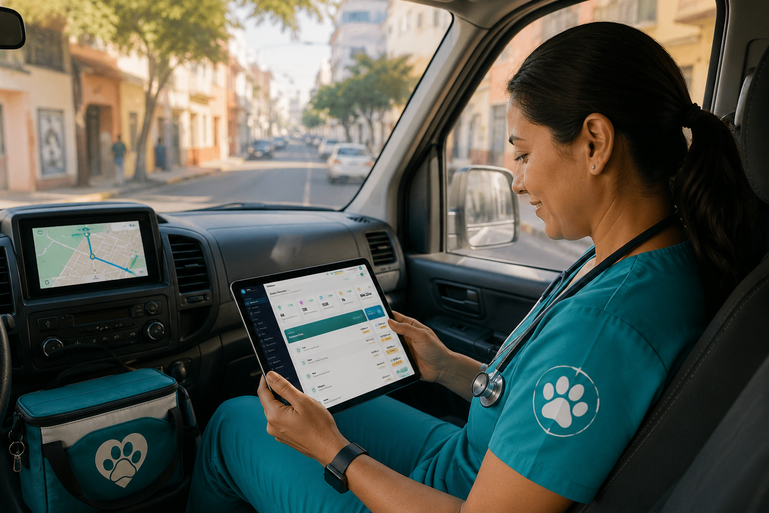 Veterinaria revisando ruta en tablet dentro del van de su clínica móvil