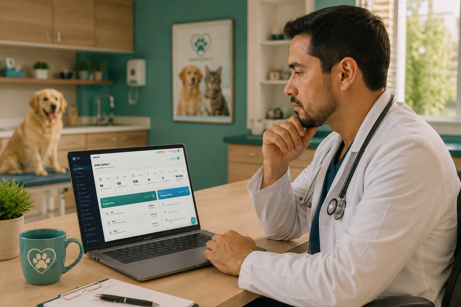 Veterinario evaluando software de gestión en su clínica