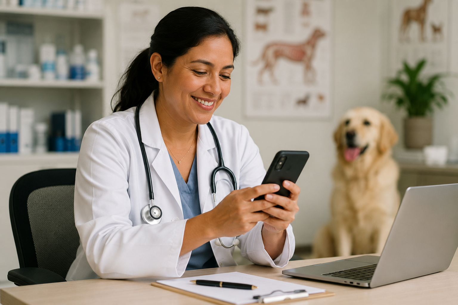 Veterinaria revisando WhatsApp en su clínica